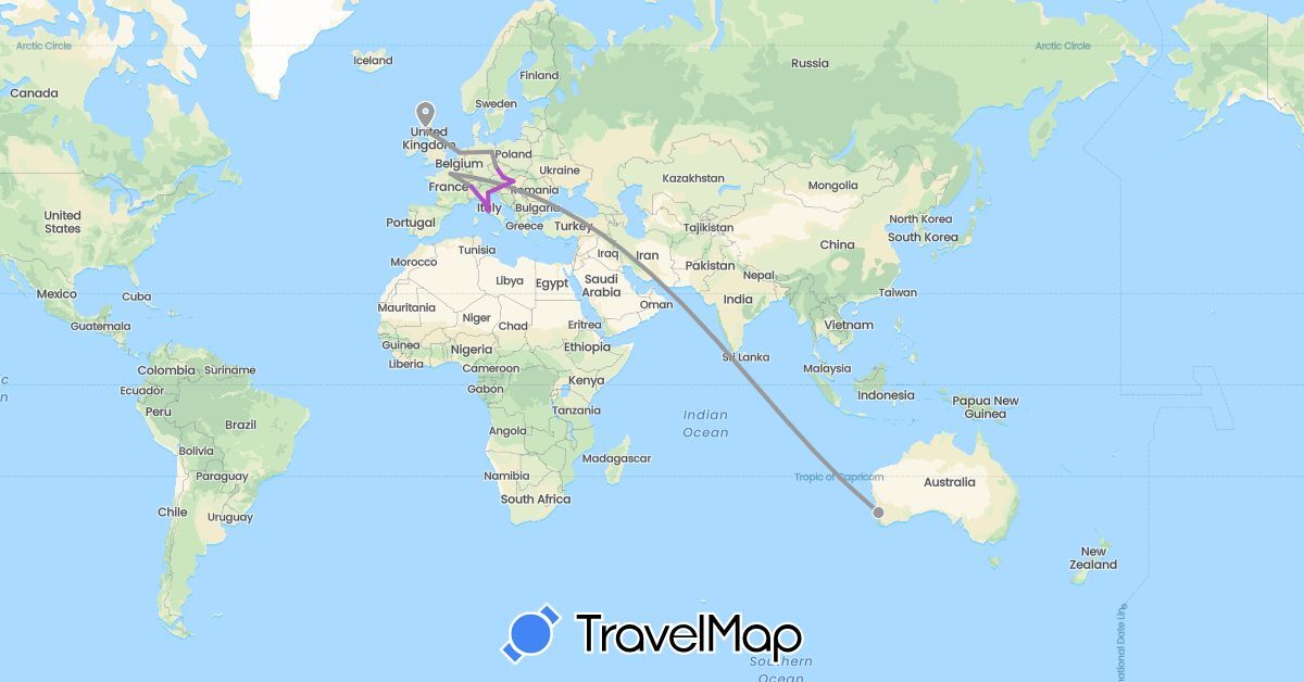 TravelMap itinerary: driving, plane, train in Austria, Australia, Switzerland, Czech Republic, Germany, France, United Kingdom, Hungary, Italy, Netherlands, Vatican City (Europe, Oceania)